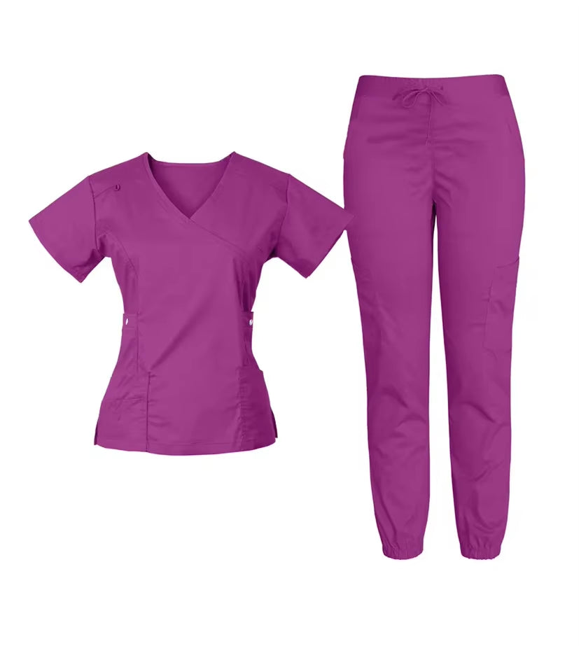 Wholesale Custom Woven Stretch Spandex V Neck Women Set Jogger Pant Medical Nursing Salon Dental Hospital Scrubs Uniform