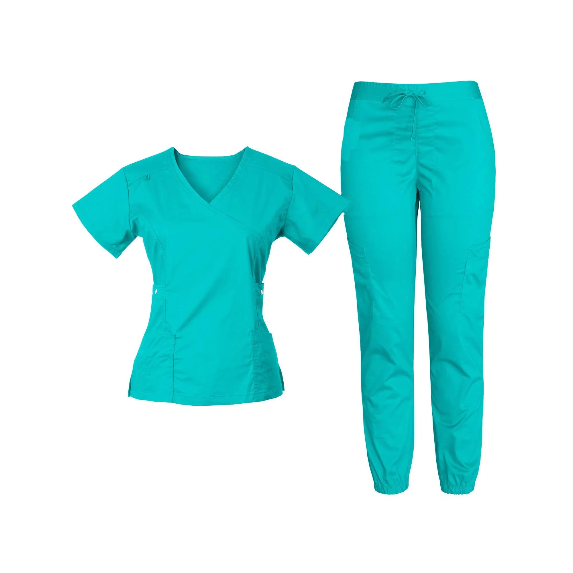 Wholesale Custom Woven Stretch Spandex V Neck Women Set Jogger Pant Medical Nursing Salon Dental Hospital Scrubs Uniform