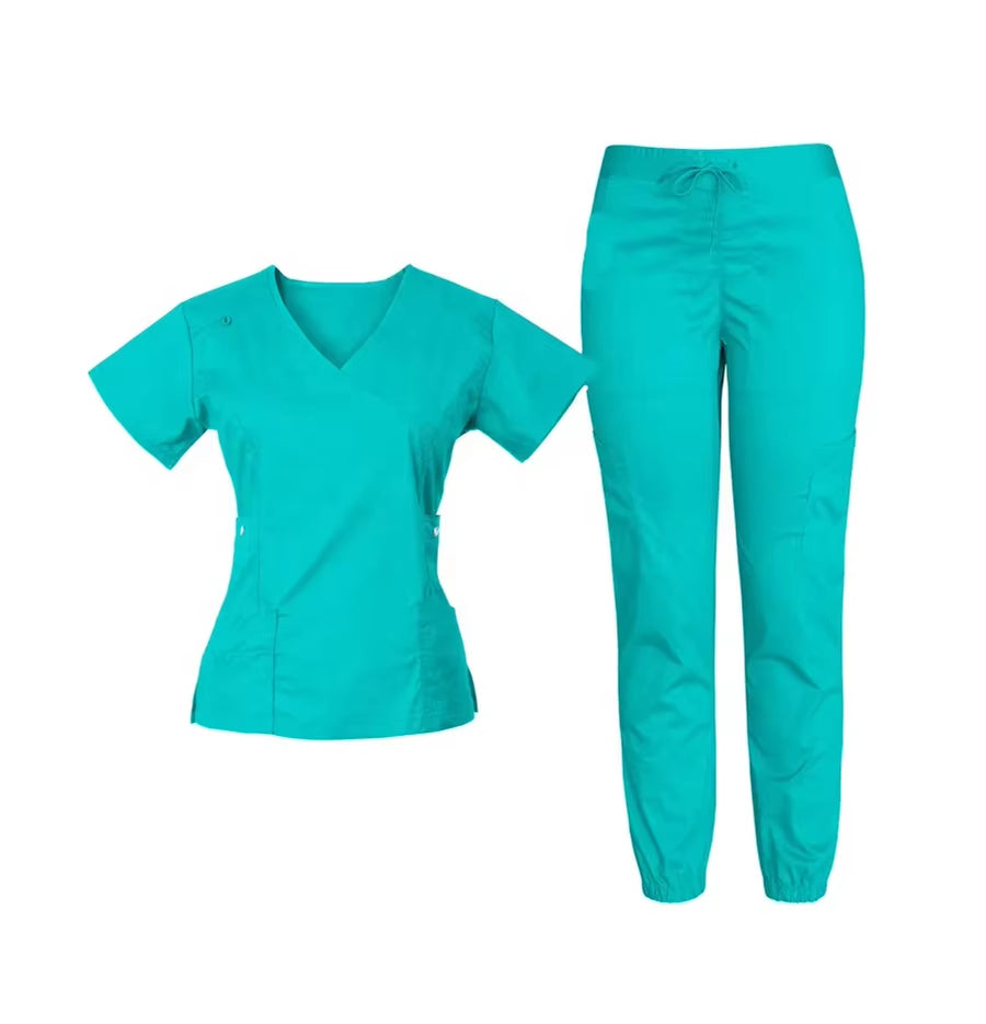 Wholesale Custom Woven Stretch Spandex V Neck Women Set Jogger Pant Medical Nursing Salon Dental Hospital Scrubs Uniform