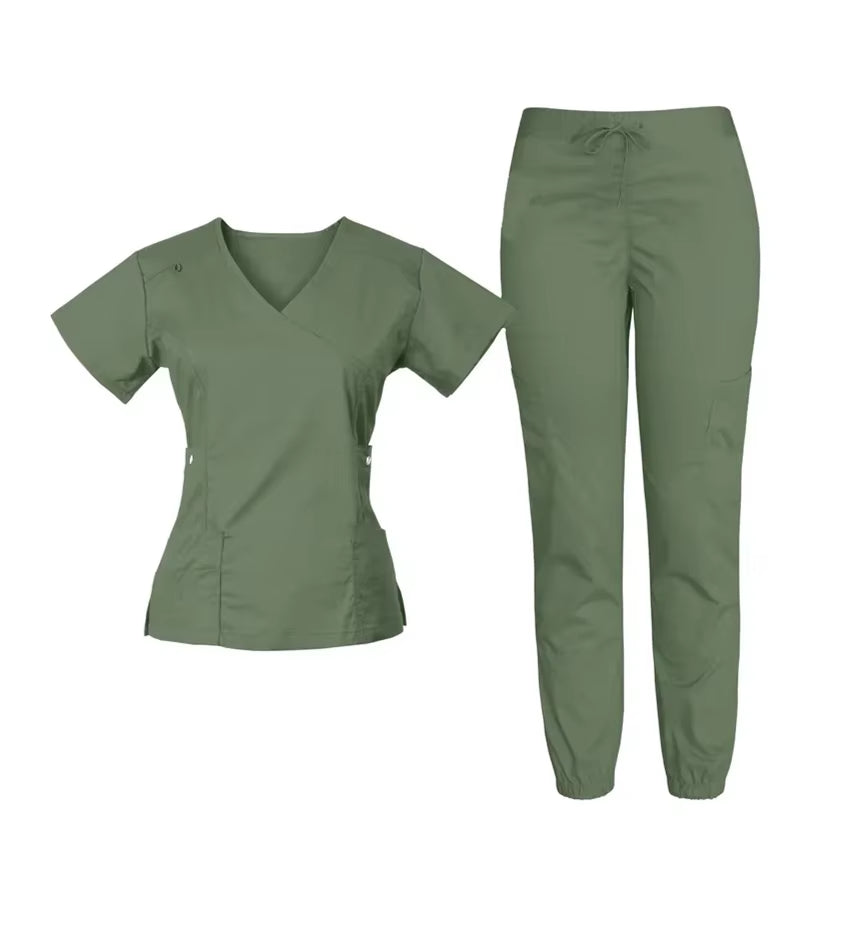 Wholesale Custom Woven Stretch Spandex V Neck Women Set Jogger Pant Medical Nursing Salon Dental Hospital Scrubs Uniform
