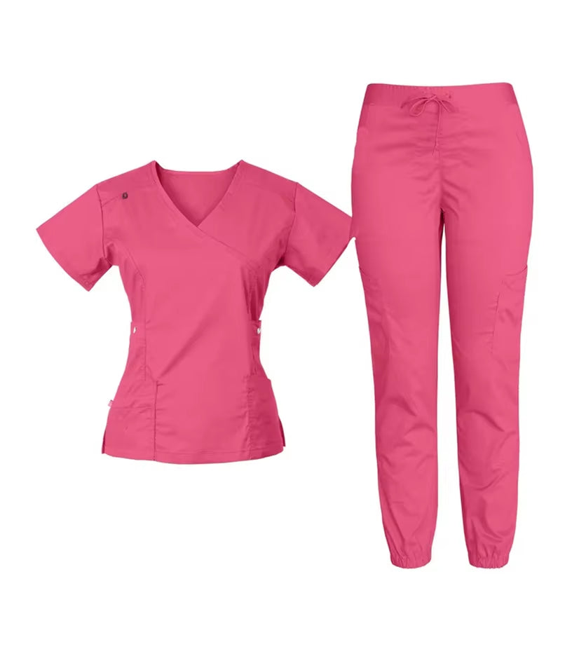 Wholesale Custom Woven Stretch Spandex V Neck Women Set Jogger Pant Medical Nursing Salon Dental Hospital Scrubs Uniform
